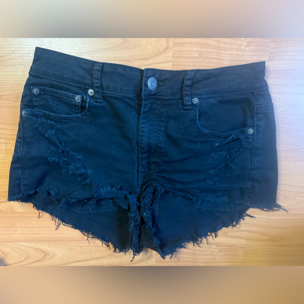 American Eagle Outfitters Black Denim Shorts Hi-Rise Festival Distressed Size 8